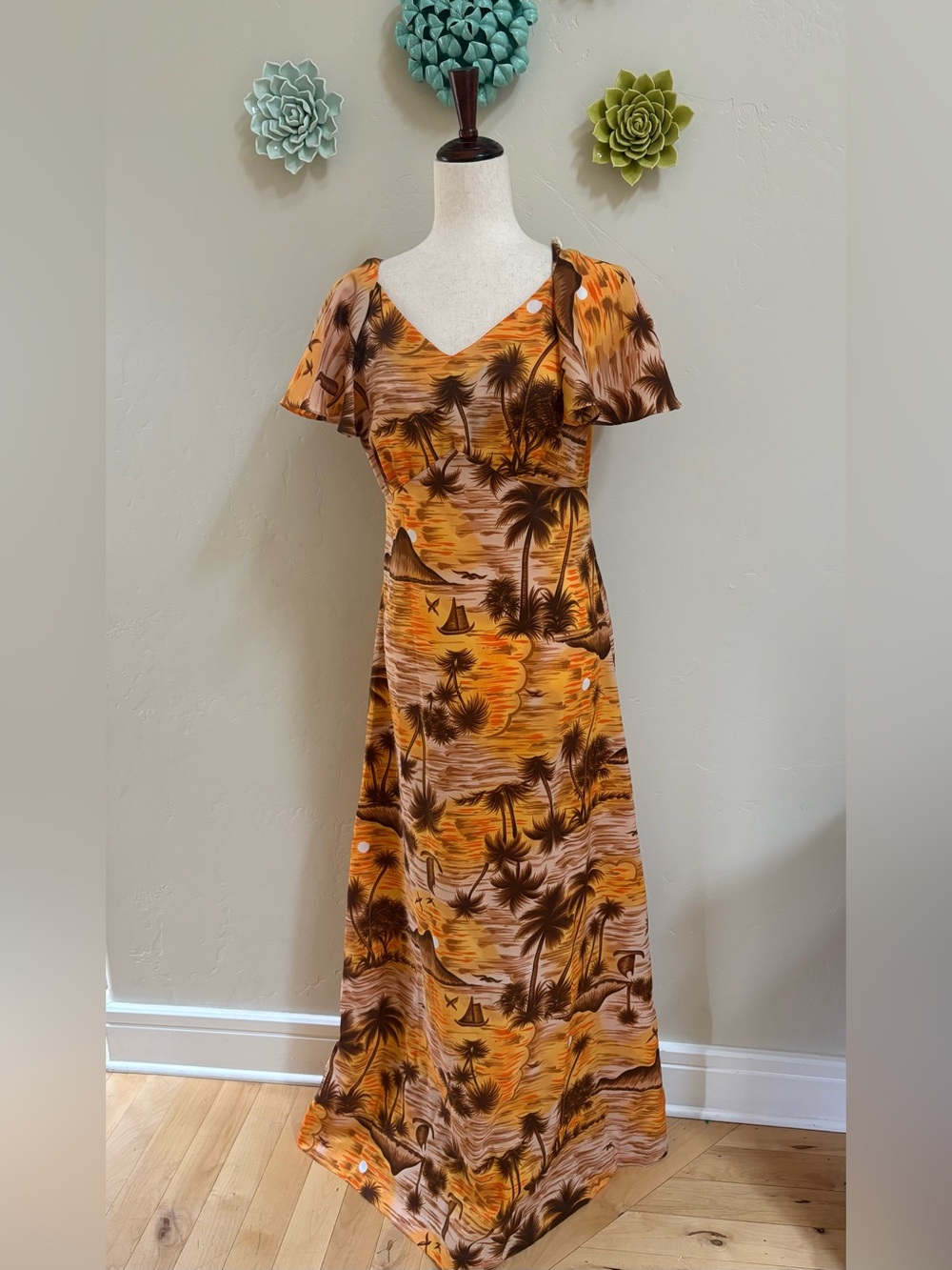Vintage Pomare Hawaii Tropical Maxi Dress in Orange Diamondhead 14 modern L